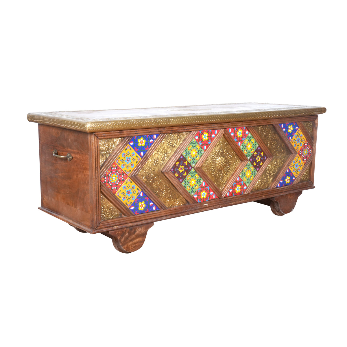 Handcrafted Tile & Embossed Brass Storage Trunk