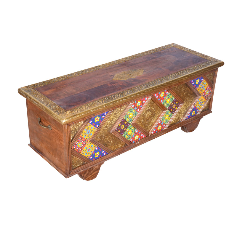 Handcrafted Tile & Embossed Brass Storage Trunk