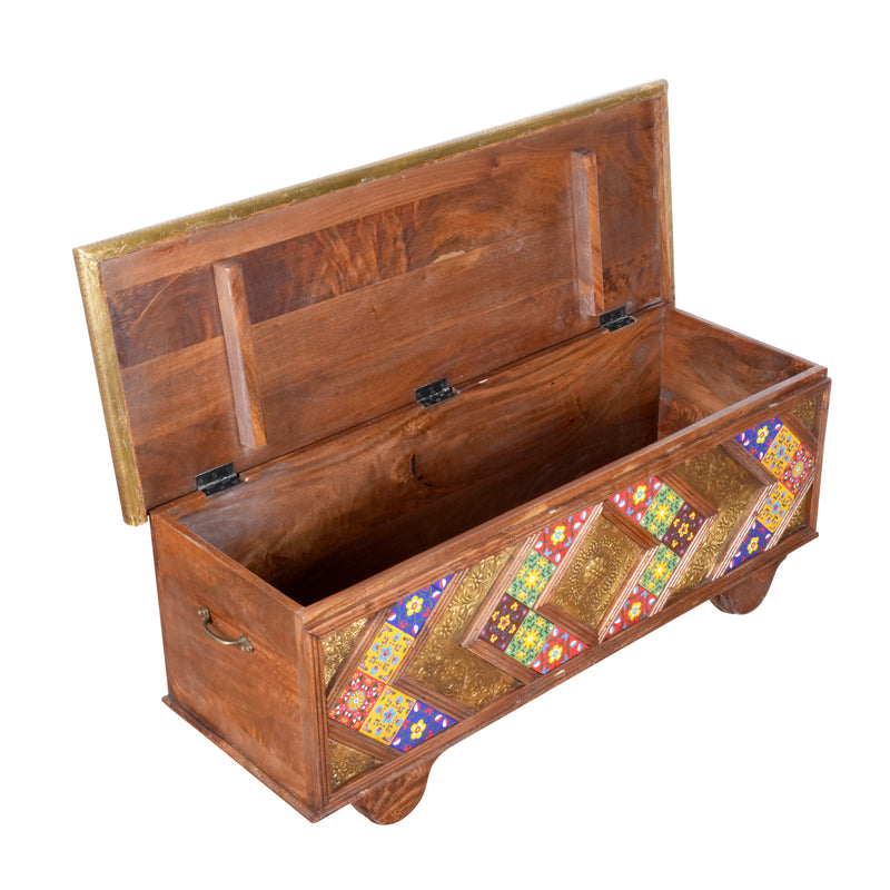 Handcrafted Tile & Embossed Brass Storage Trunk