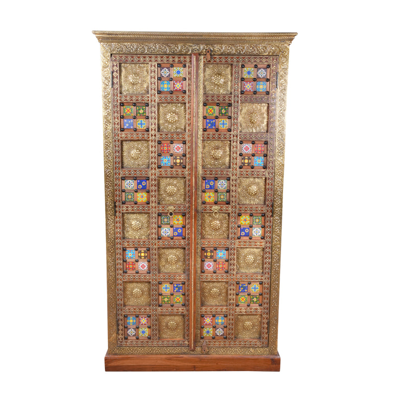 Handcrafted Brass & Tile Inlay Almirah | Ethnic Storage Cabinet Wardrobe