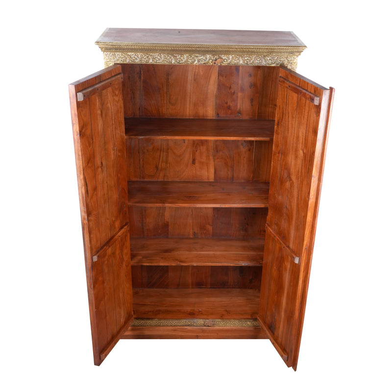 Handcrafted Brass & Tile Inlay Almirah | Ethnic Storage Cabinet Wardrobe