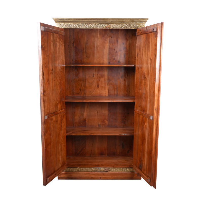 Handcrafted Brass & Tile Inlay Almirah | Ethnic Storage Cabinet Wardrobe
