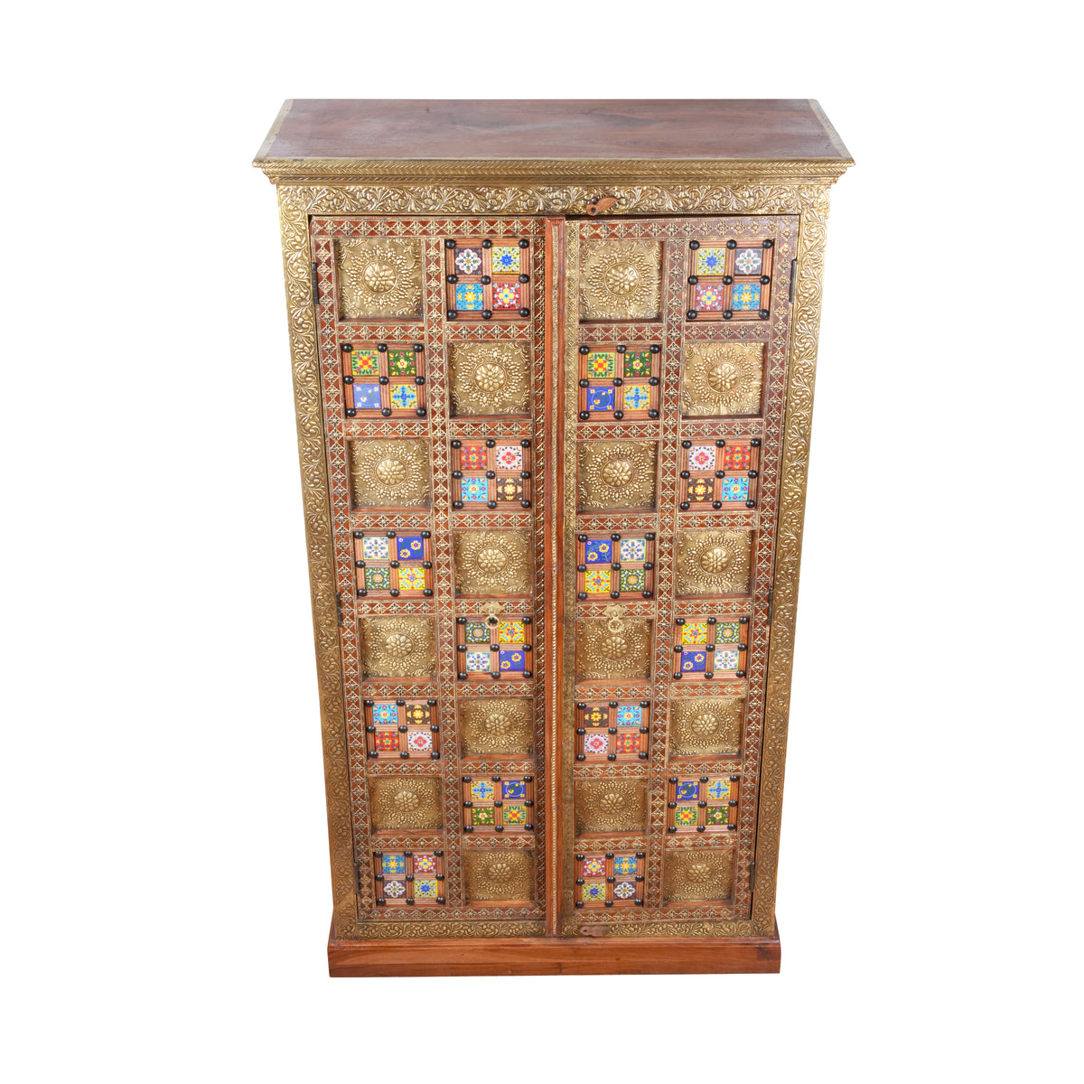 Handcrafted Brass & Tile Inlay Almirah | Ethnic Storage Cabinet Wardrobe