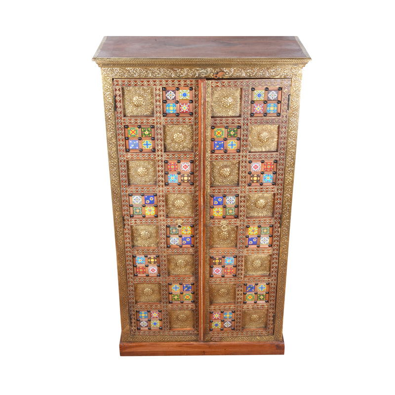 Handcrafted Brass & Tile Inlay Almirah | Ethnic Storage Cabinet Wardrobe