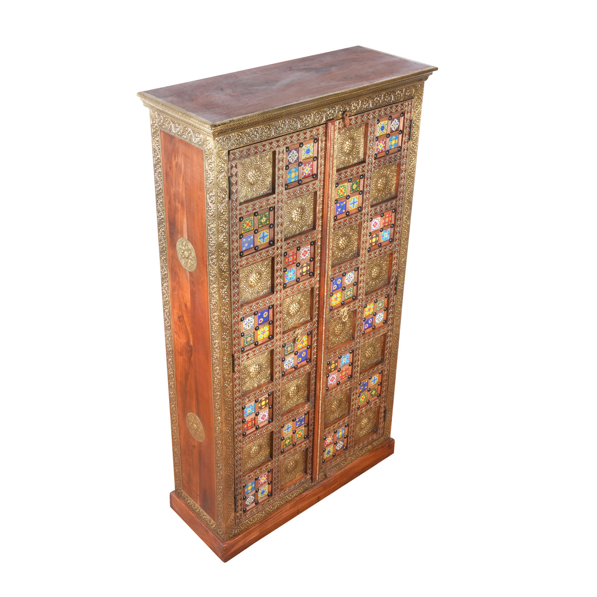 Handcrafted Brass & Tile Inlay Almirah | Ethnic Storage Cabinet Wardrobe