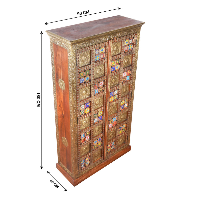 Handcrafted Brass & Tile Inlay Almirah | Ethnic Storage Cabinet Wardrobe