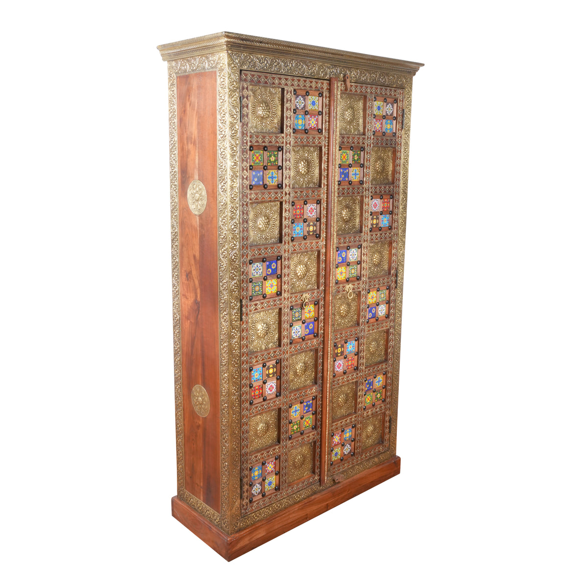 Handcrafted Brass & Tile Inlay Almirah | Ethnic Storage Cabinet Wardrobe