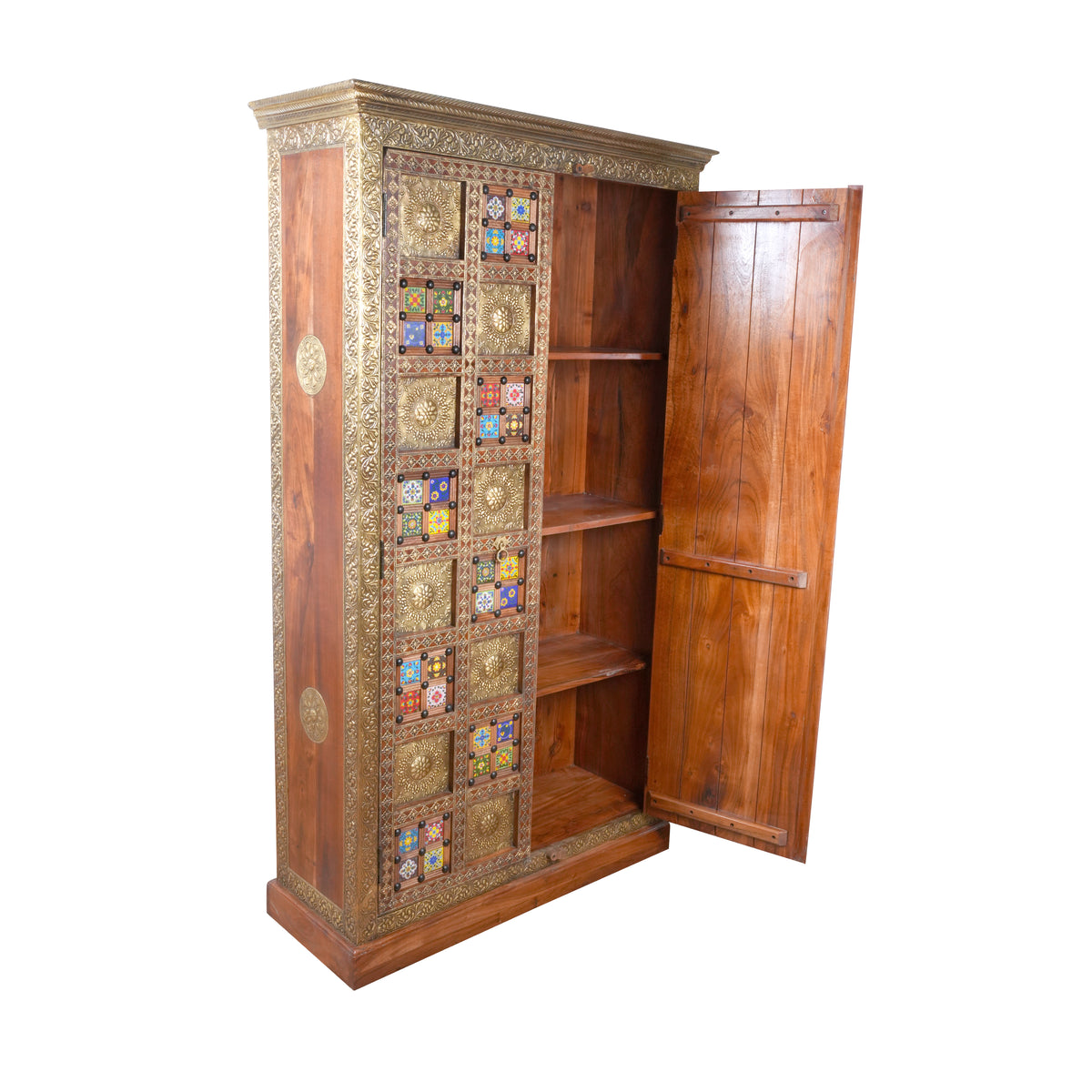 Handcrafted Brass & Tile Inlay Almirah | Ethnic Storage Cabinet Wardrobe
