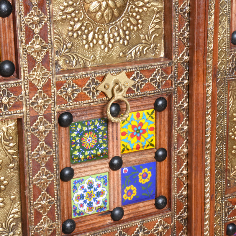 Handcrafted Brass & Tile Inlay Almirah | Ethnic Storage Cabinet Wardrobe