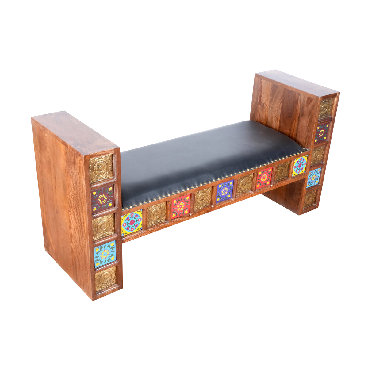 Handcrafted Brass & Tile Inlay Sofa Bench | Ethnic Accent Settee