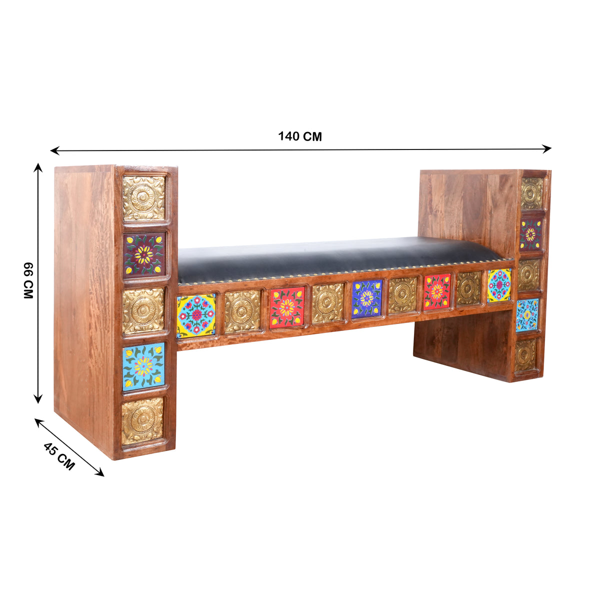 Handcrafted Brass & Tile Inlay Sofa Bench | Ethnic Accent Settee