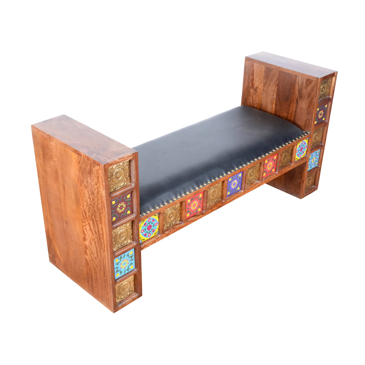 Handcrafted Brass & Tile Inlay Sofa Bench | Ethnic Accent Settee