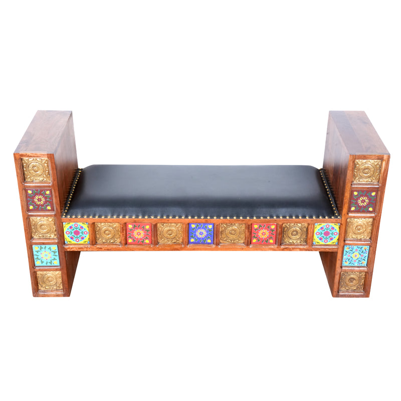 Handcrafted Brass & Tile Inlay Sofa Bench | Ethnic Accent Settee