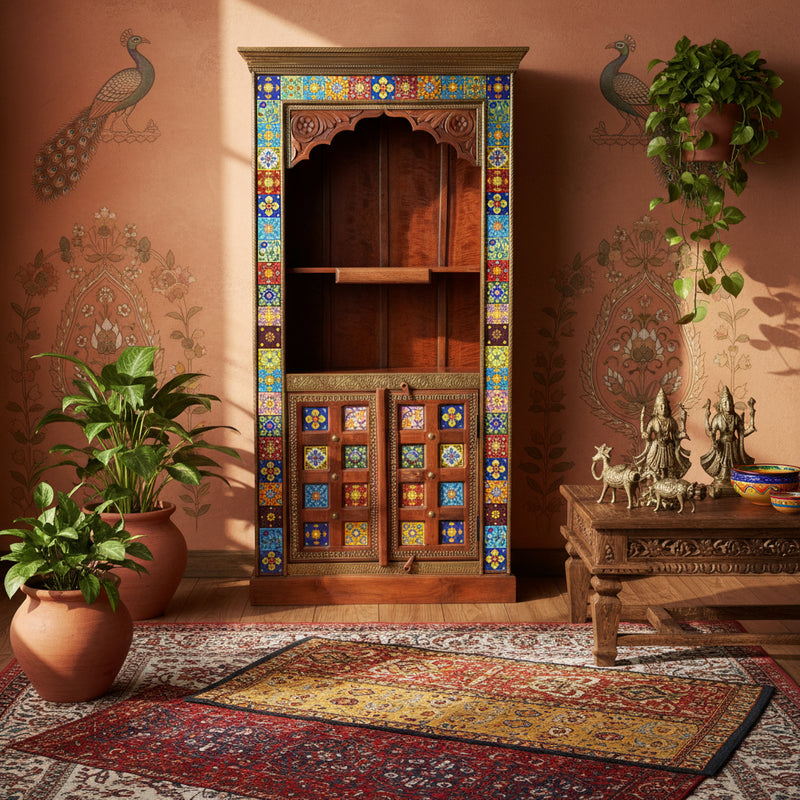 Handcrafted Brass & Tile Corner Mandir Almirah | Wooden Display Cabinet