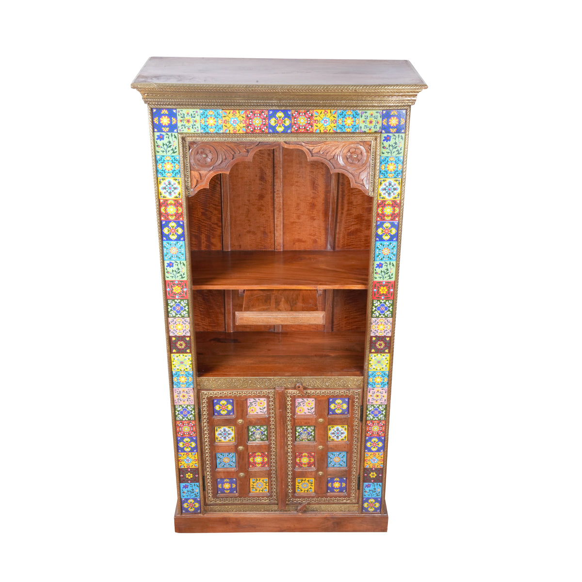 Handcrafted Brass & Tile Corner Mandir Almirah | Wooden Display Cabinet