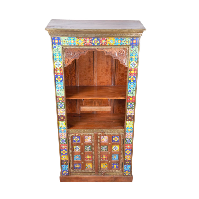 Handcrafted Brass & Tile Corner Mandir Almirah | Wooden Display Cabinet