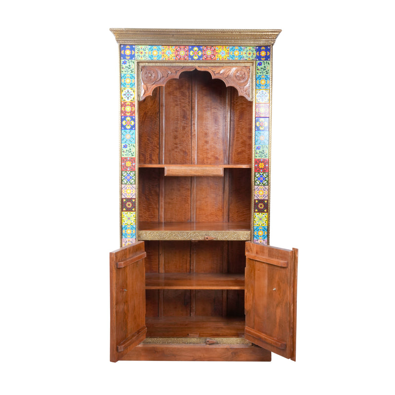 Handcrafted Brass & Tile Corner Mandir Almirah | Wooden Display Cabinet