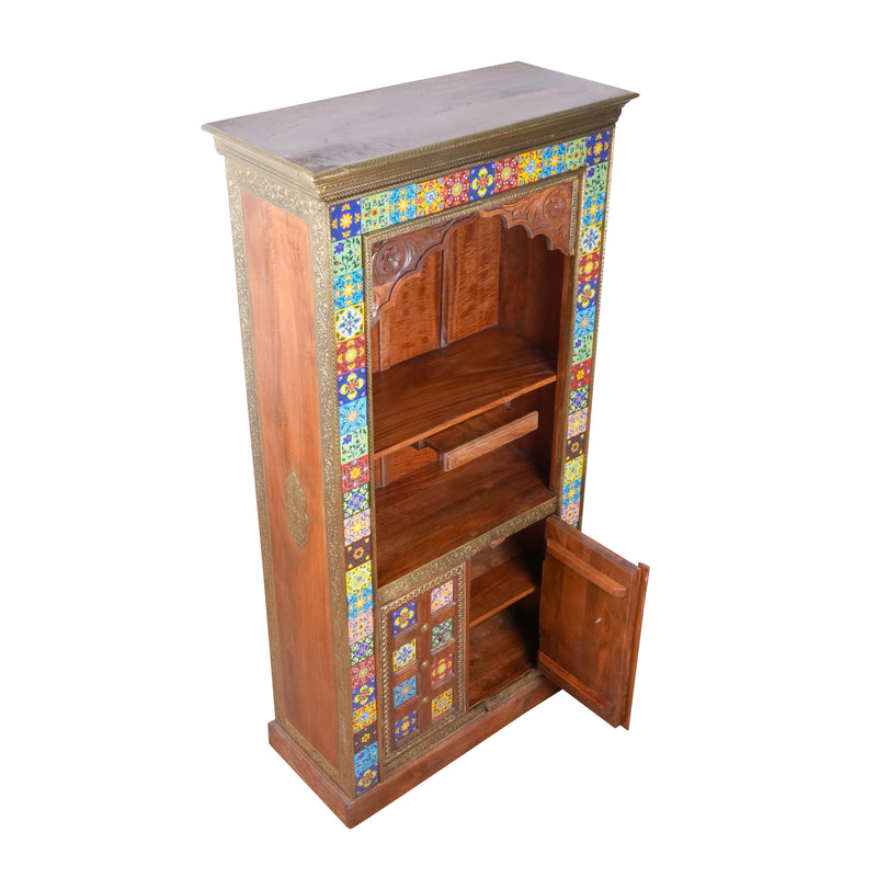 Handcrafted Brass & Tile Corner Mandir Almirah | Wooden Display Cabinet