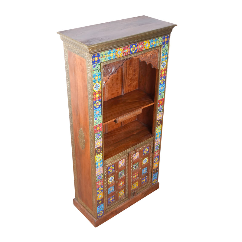 Handcrafted Brass & Tile Corner Mandir Almirah | Wooden Display Cabinet