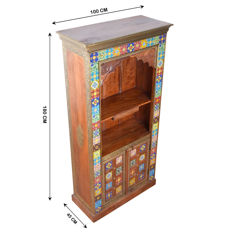 Handcrafted Brass & Tile Corner Mandir Almirah | Wooden Display Cabinet