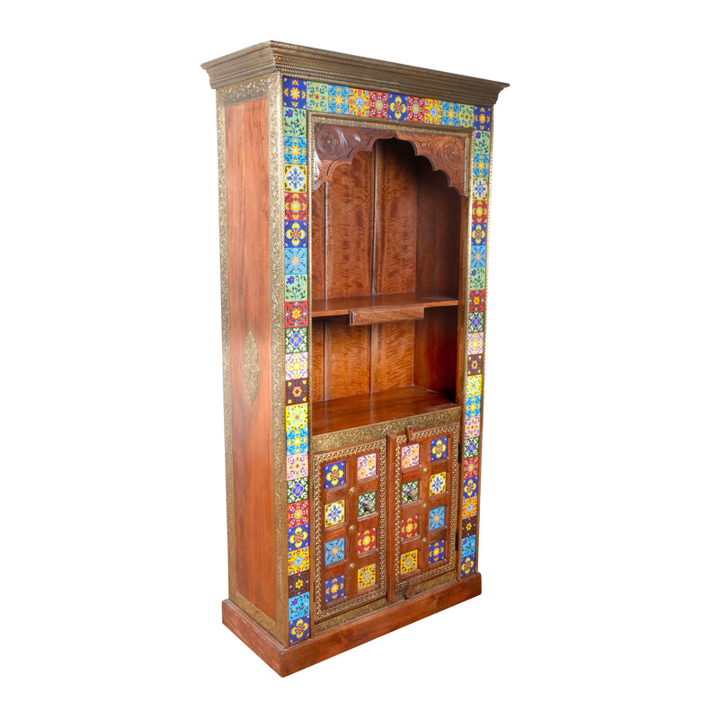 Handcrafted Brass & Tile Corner Mandir Almirah | Wooden Display Cabinet