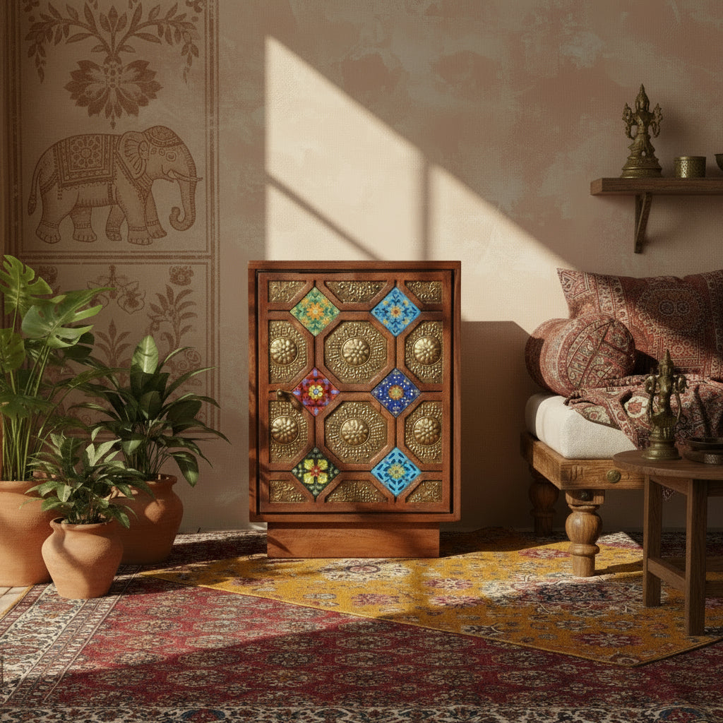 Rustic Wood Bedside Cabinet with Brass & Tile Door | Ethnic End Table