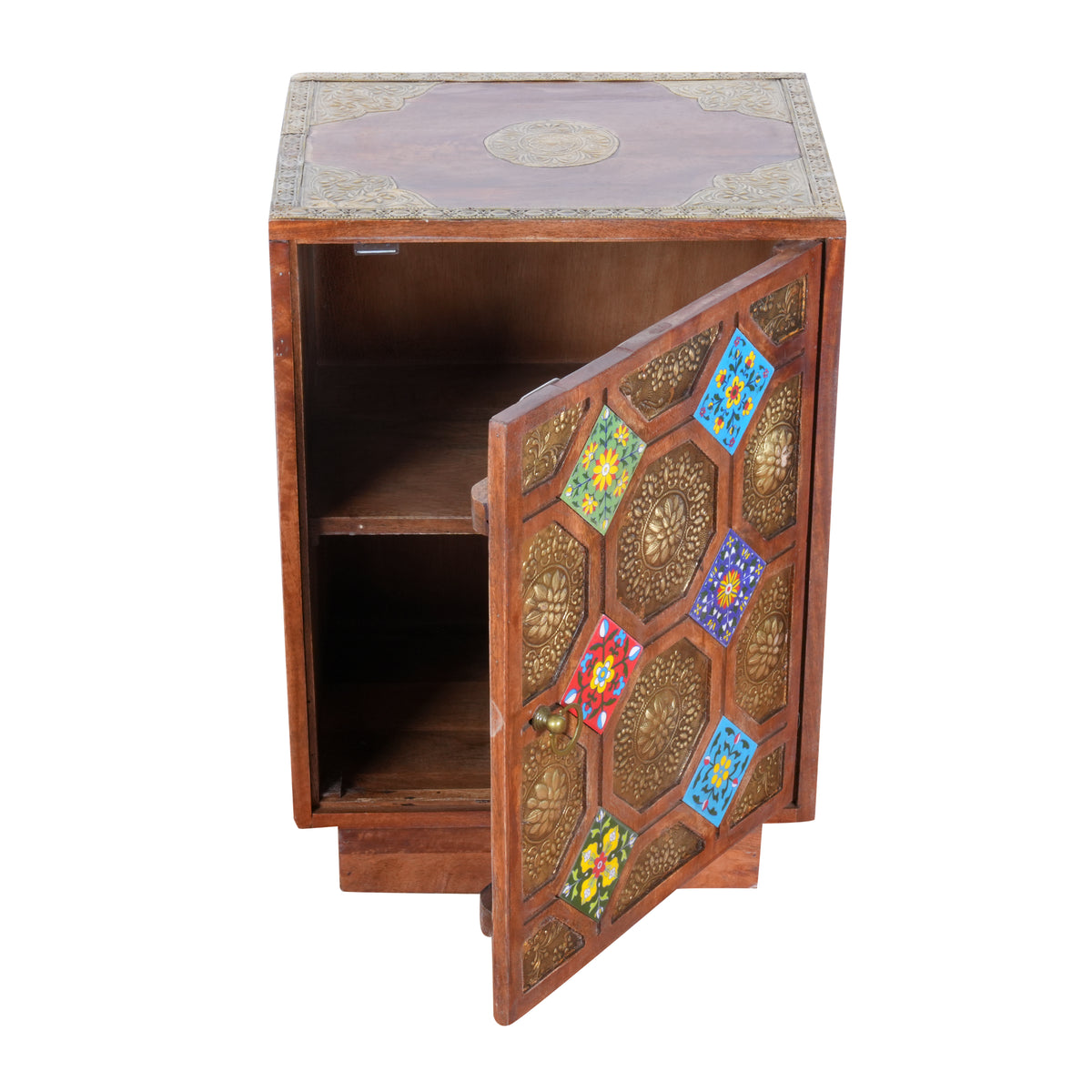 Rustic Wood Bedside Cabinet with Brass & Tile Door | Ethnic End Table