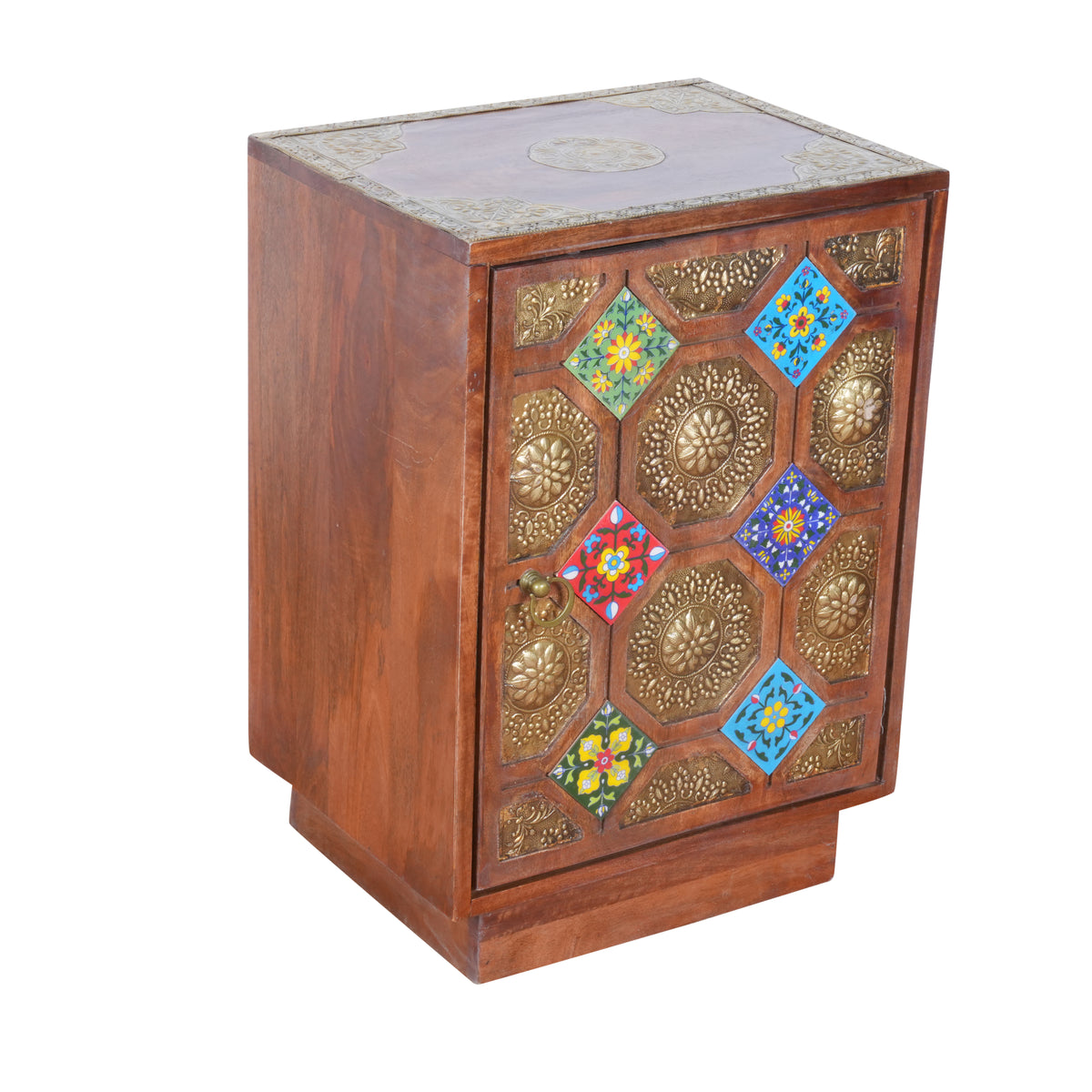 Rustic Wood Bedside Cabinet with Brass & Tile Door | Ethnic End Table