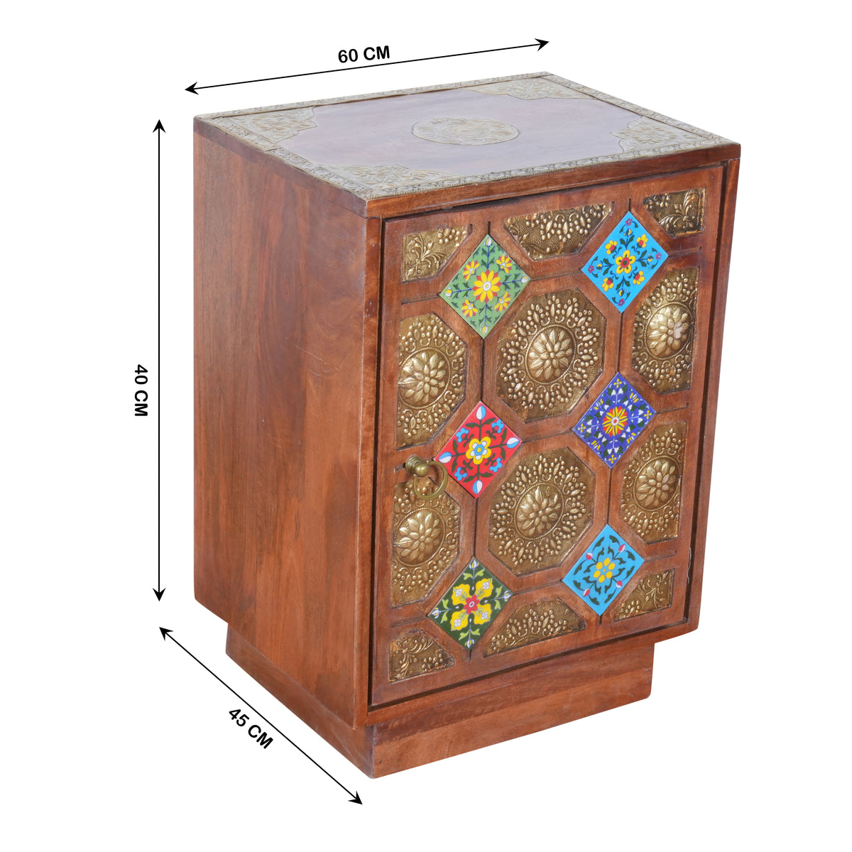 Rustic Wood Bedside Cabinet with Brass & Tile Door | Ethnic End Table