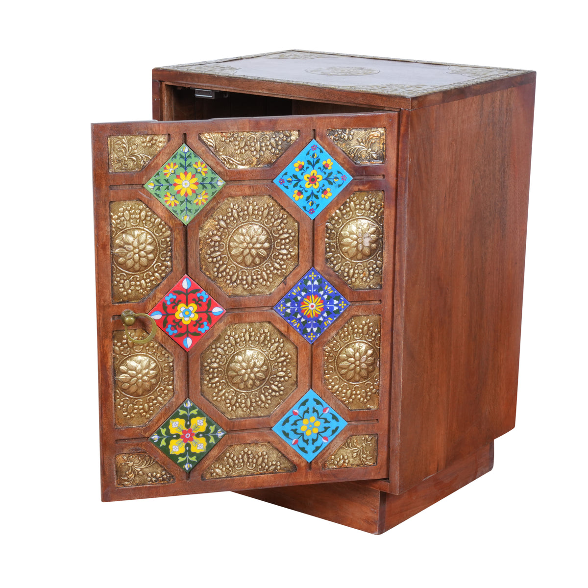 Rustic Wood Bedside Cabinet with Brass & Tile Door | Ethnic End Table