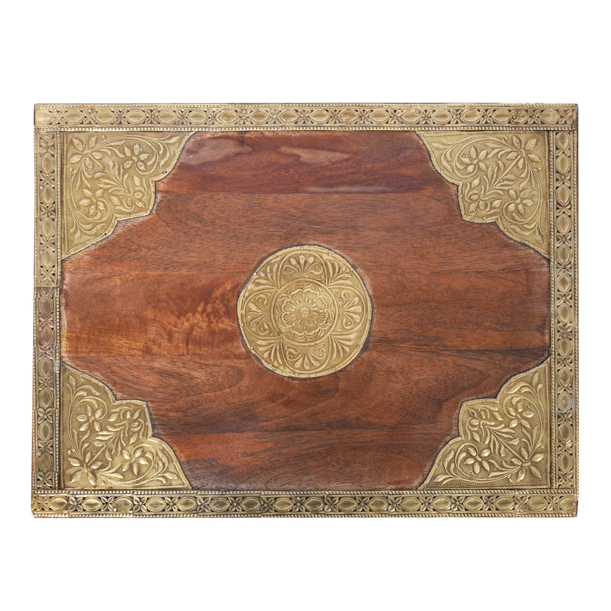 Rustic Wood Bedside Cabinet with Brass & Tile Door | Ethnic End Table