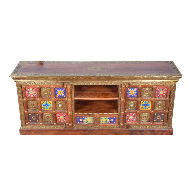 Handcrafted Brass & Tile Media Console Cabinet | Ethnic TV Stand