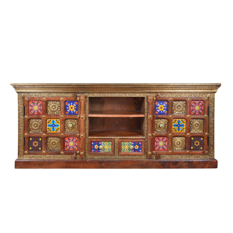 Handcrafted Brass & Tile Media Console Cabinet | Ethnic TV Stand