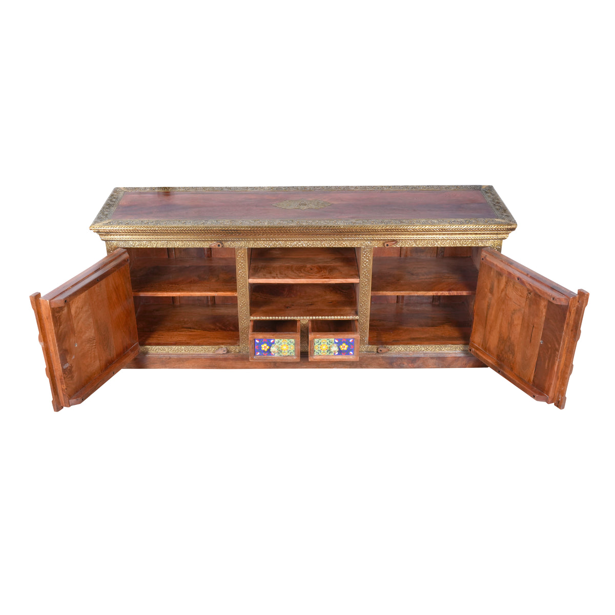 Handcrafted Brass & Tile Media Console Cabinet | Ethnic TV Stand