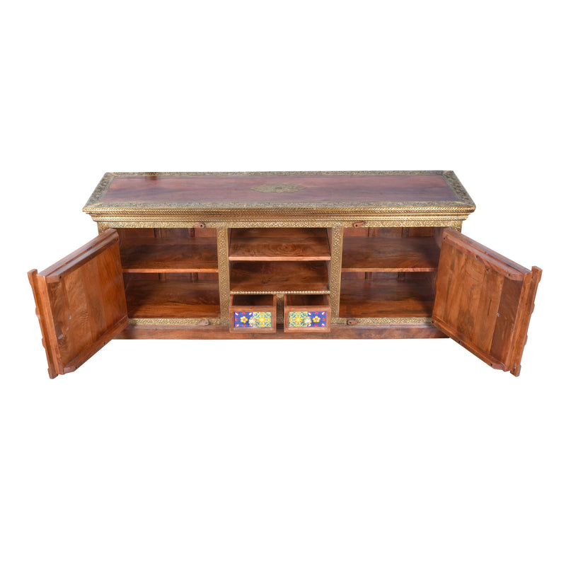 Handcrafted Brass & Tile Media Console Cabinet | Ethnic TV Stand