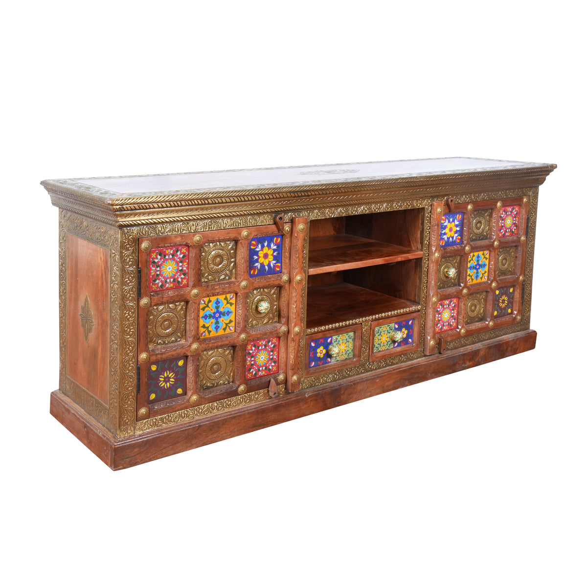 Handcrafted Brass & Tile Media Console Cabinet | Ethnic TV Stand