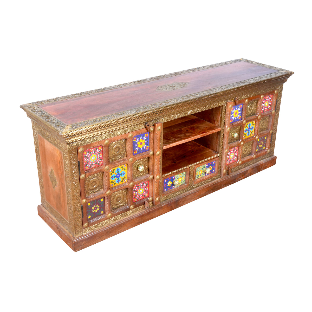 Handcrafted Brass & Tile Media Console Cabinet | Ethnic TV Stand