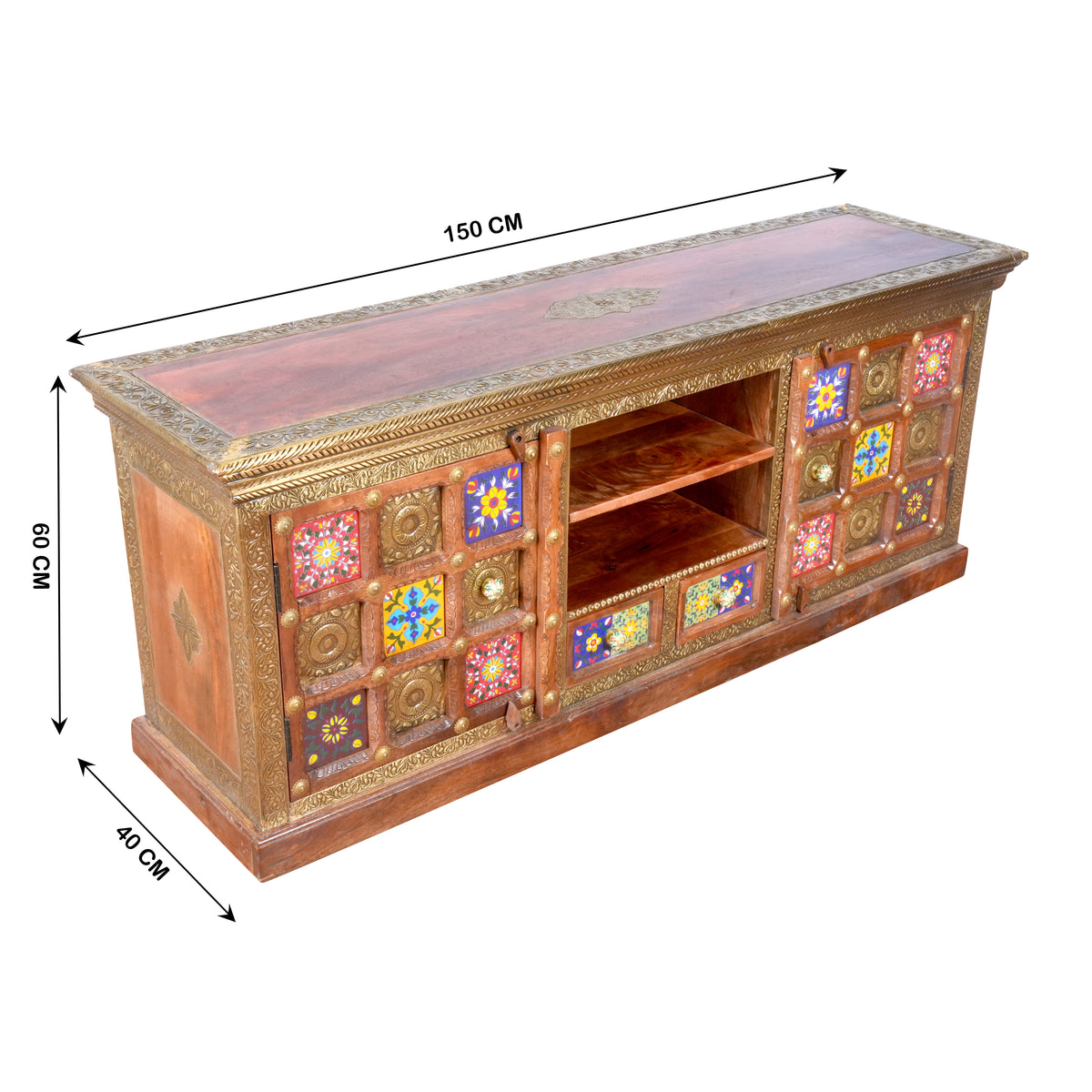 Handcrafted Brass & Tile Media Console Cabinet | Ethnic TV Stand