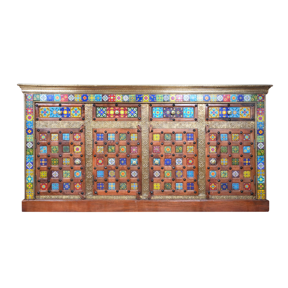 Artisan Multi-Tile & Brass Inlay Sideboard | Four-Door Console Cabinet