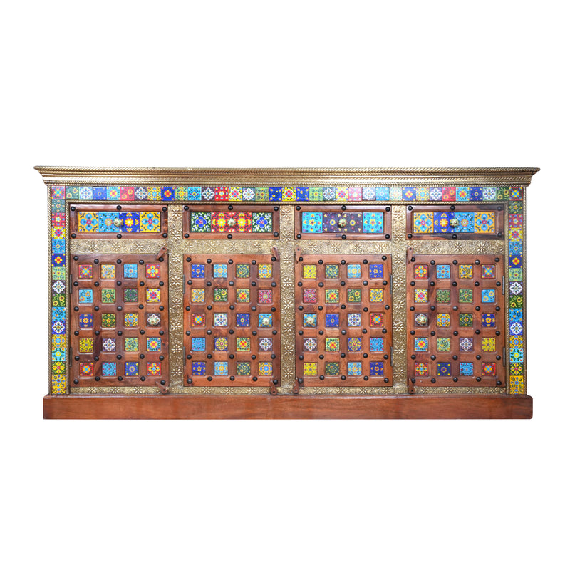 Artisan Multi-Tile & Brass Inlay Sideboard | Four-Door Console Cabinet