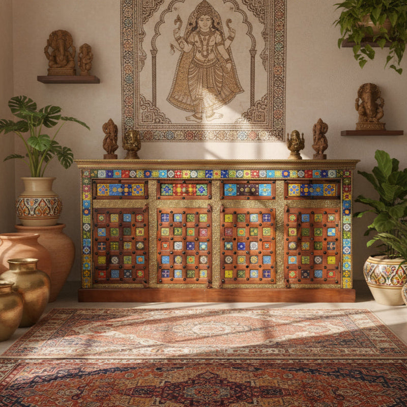 Artisan Multi-Tile & Brass Inlay Sideboard | Four-Door Console Cabinet