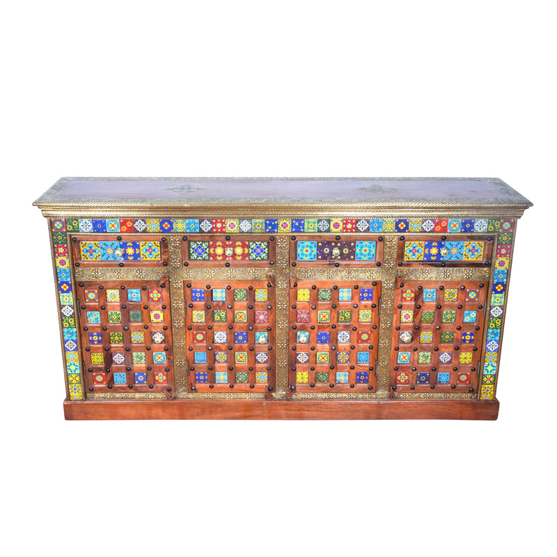 Artisan Multi-Tile & Brass Inlay Sideboard | Four-Door Console Cabinet