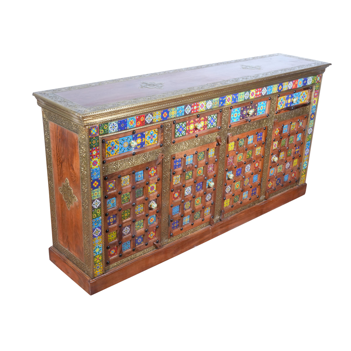 Artisan Multi-Tile & Brass Inlay Sideboard | Four-Door Console Cabinet