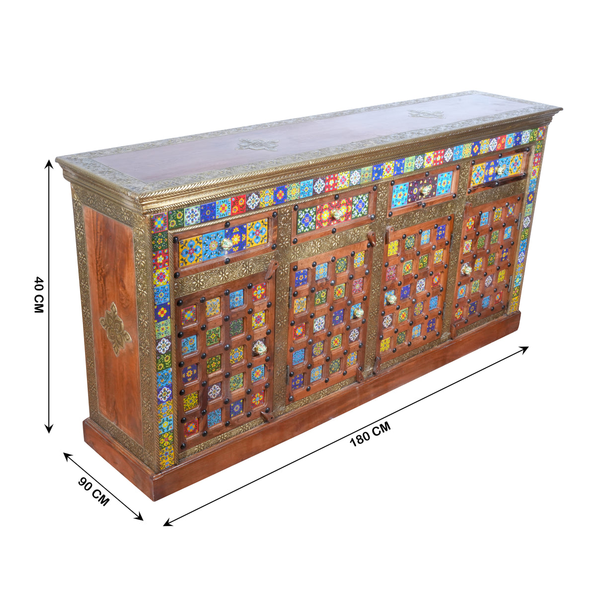 Artisan Multi-Tile & Brass Inlay Sideboard | Four-Door Console Cabinet