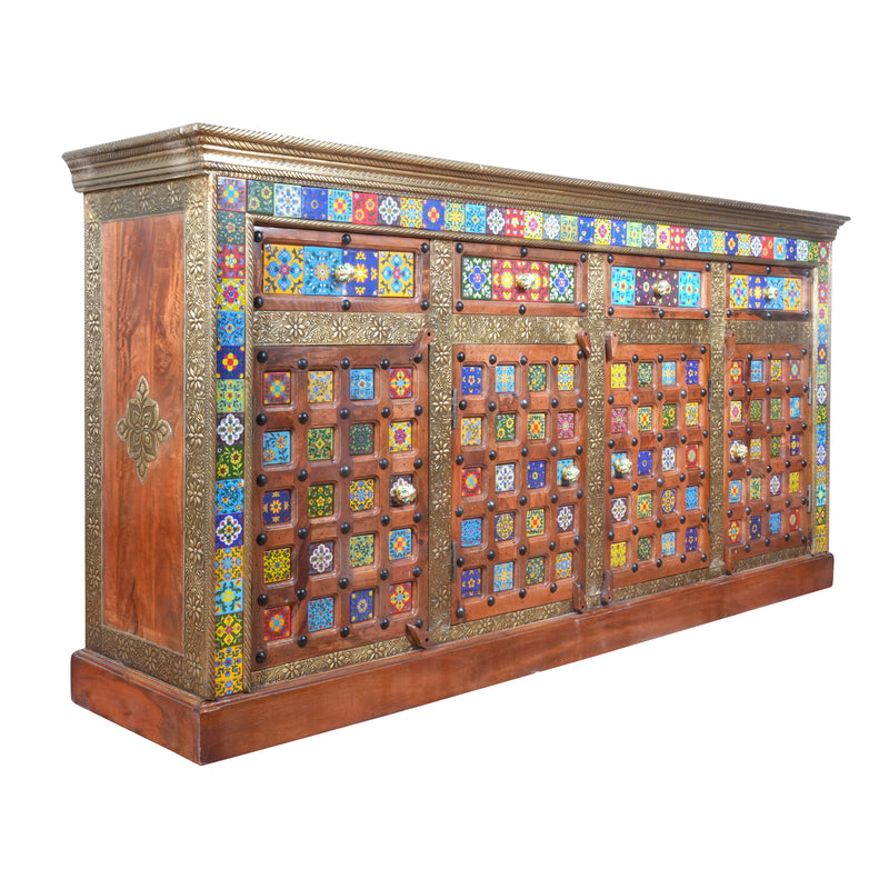 Artisan Multi-Tile & Brass Inlay Sideboard | Four-Door Console Cabinet