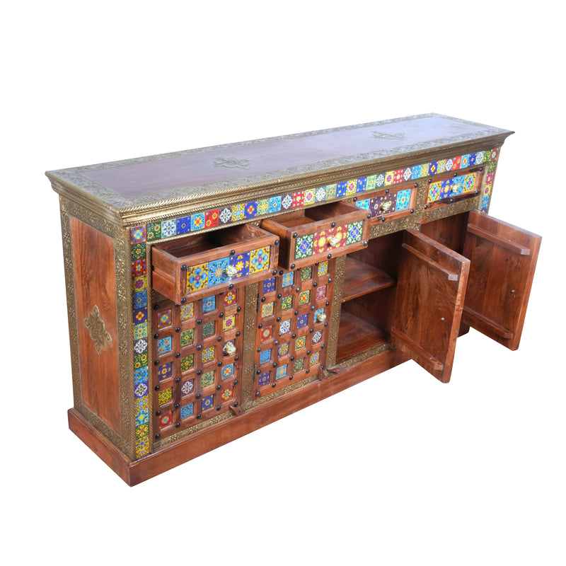 Artisan Multi-Tile & Brass Inlay Sideboard | Four-Door Console Cabinet