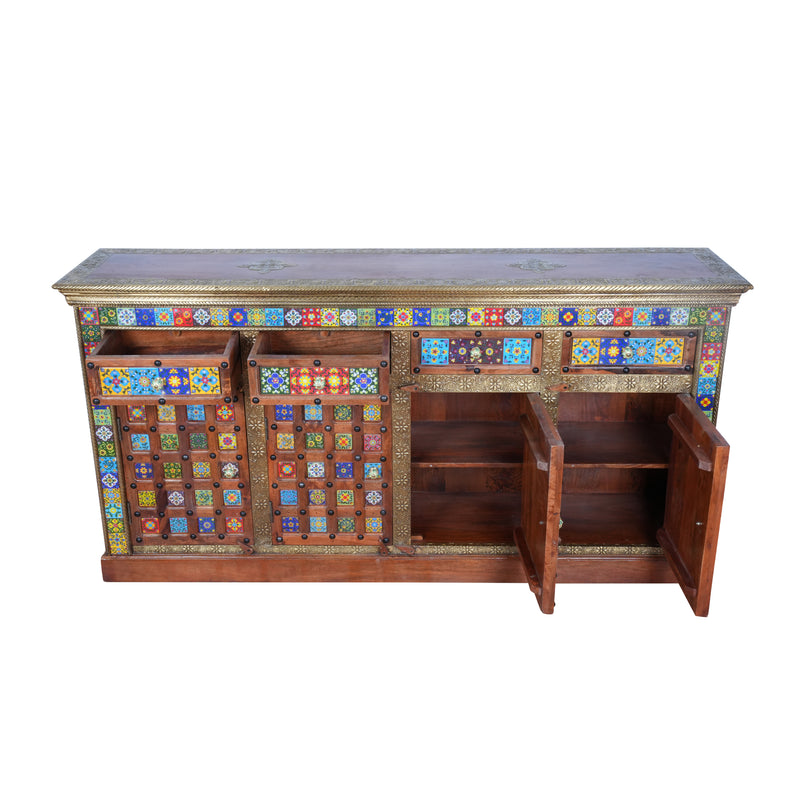 Artisan Multi-Tile & Brass Inlay Sideboard | Four-Door Console Cabinet
