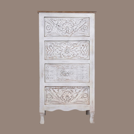 Handcrafted Wooden Tall Chest of Drawers with Intricate Carved Detailing - From Jodhpur