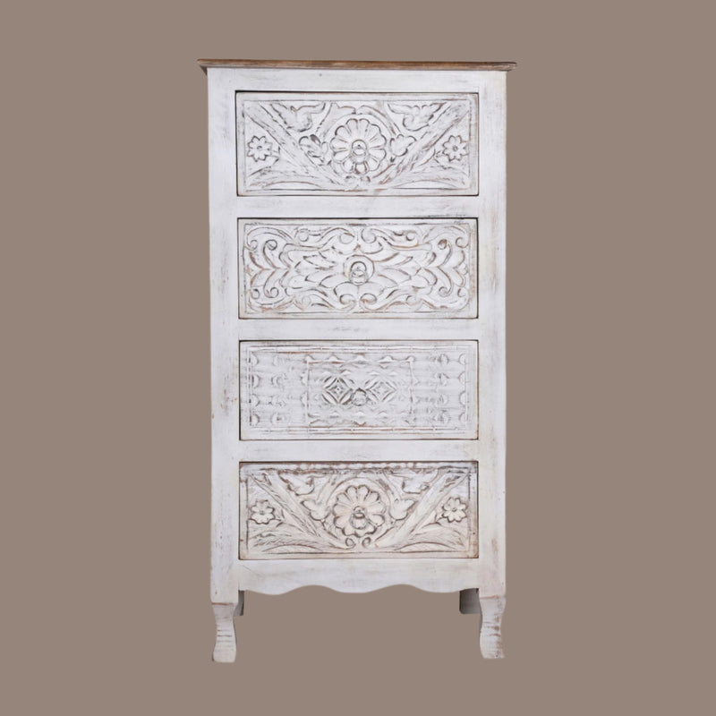Handcrafted Wooden Tall Chest of Drawers with Intricate Carved Detailing - From Jodhpur
