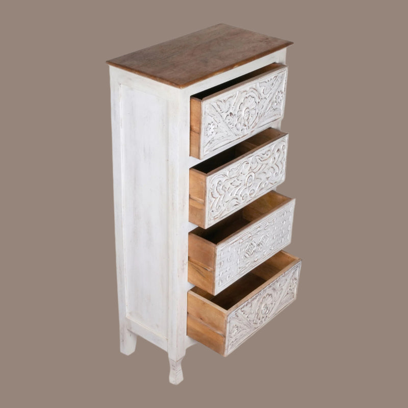 Handcrafted Wooden Tall Chest of Drawers with Intricate Carved Detailing - From Jodhpur
